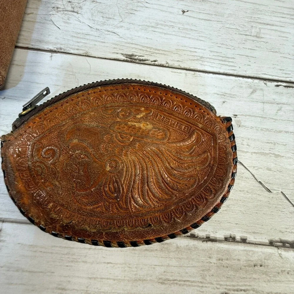 Vintage Hand Tooled Leather Wallet & Mexico Coin Purse Set Western Floral Horse